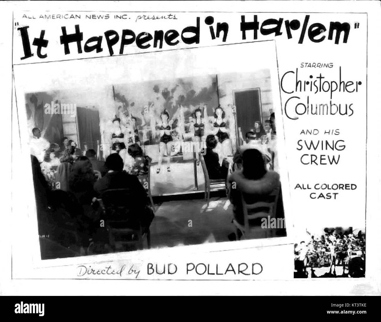 Questa lobby card promuove il film "IT Happened in Harlem", un film degli anni '1940 noto per la sua rappresentazione della cultura di Harlem e della vita afroamericana durante l'epoca. Foto Stock