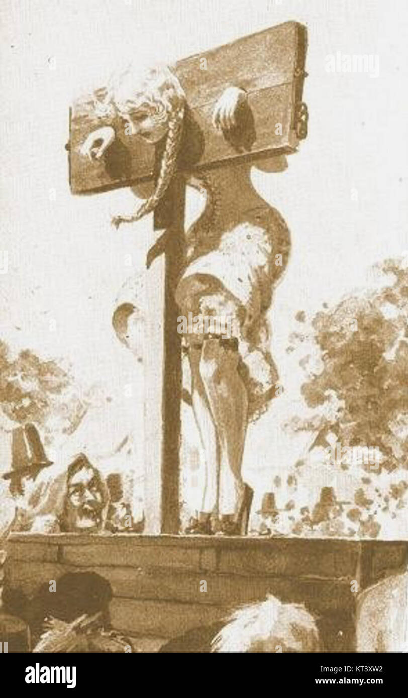 Un'immagine vintage di John Willie che raffigura una donna in azioni, una forma di punizione pubblica storicamente usata per l'umiliazione pubblica. L'immagine raffigura una scena di un'epoca passata. Foto Stock