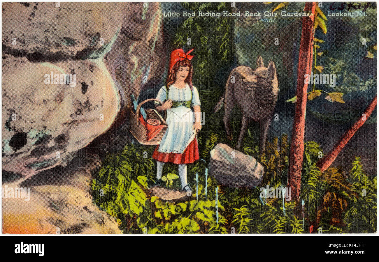 Questa fotografia mostra una raffigurazione di Cappucccetto Rosso, scattata ai Rock City Gardens sulla Lookout Mountain, Tennessee. L'immagine fa parte di una serie di scene fiabesche create per l'attrazione panoramica. Foto Stock