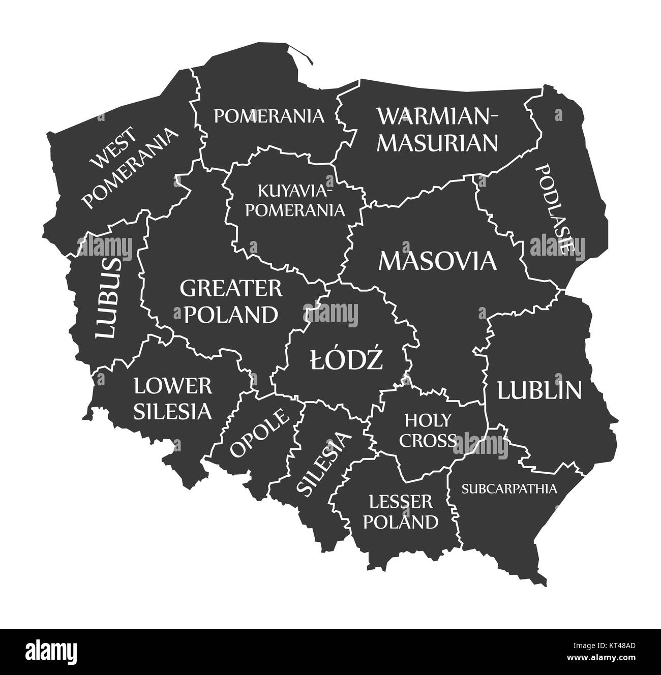 La Polonia Mappa nero marcato illustrazione in lingua inglese Foto Stock
