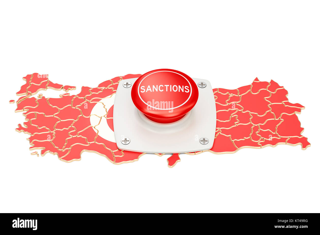 Pulsante di sanzioni sulla Mappa di Turchia, 3D rendering isolati su sfondo bianco Foto Stock