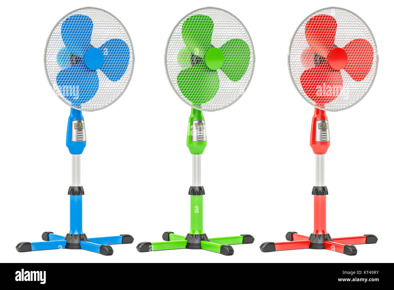 Set di colorate piedistallo permanente di ventilatori elettrici, rendering 3D isolati su sfondo bianco Foto Stock