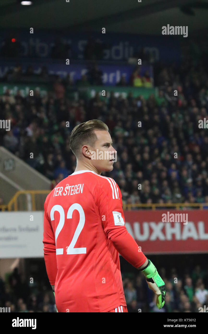 La Germania Marc-andré ter Stegen in azione contro l'Irlanda del Nord al Windsor Park di Belfast 05 ottobre 2017. Foto Stock