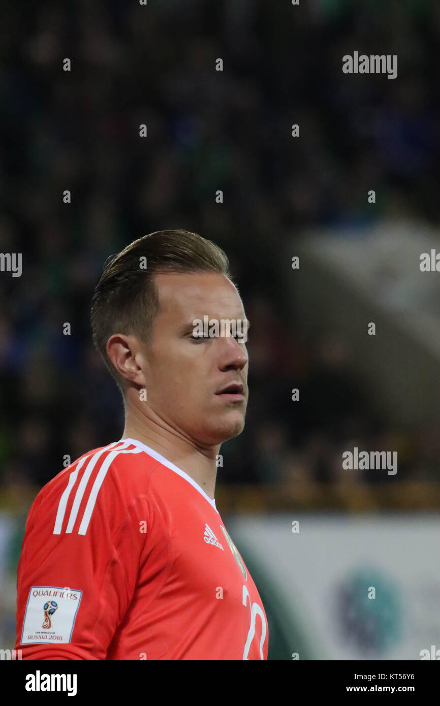 La Germania Marc-andré ter Stegen in azione contro l'Irlanda del Nord al Windsor Park di Belfast 05 ottobre 2017. Foto Stock