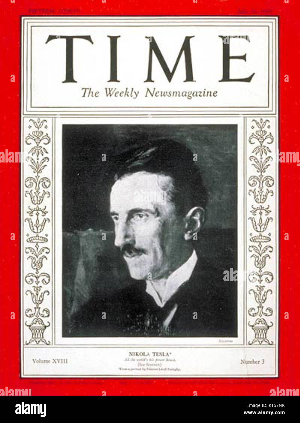 Nikola Tesla è apparso sulla copertina di Time Magazine nel 1931, riconoscendo i suoi contributi alla scienza e alla tecnologia. Tesla, inventore e ingegnere elettrico, fu determinante nello sviluppo della corrente alternata e di altre innovazioni che rivoluzionarono i sistemi elettrici. Foto Stock