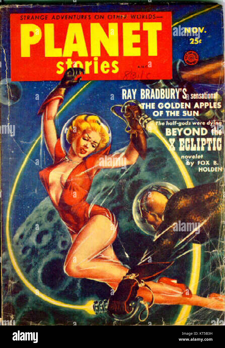 La copertina del novembre 1953 di Planet Stories presenta un tema di fantascienza classico con immagini futuristiche, che illustra l'esplorazione spaziale e l'avventura, tipiche del genere durante quell'epoca. Foto Stock