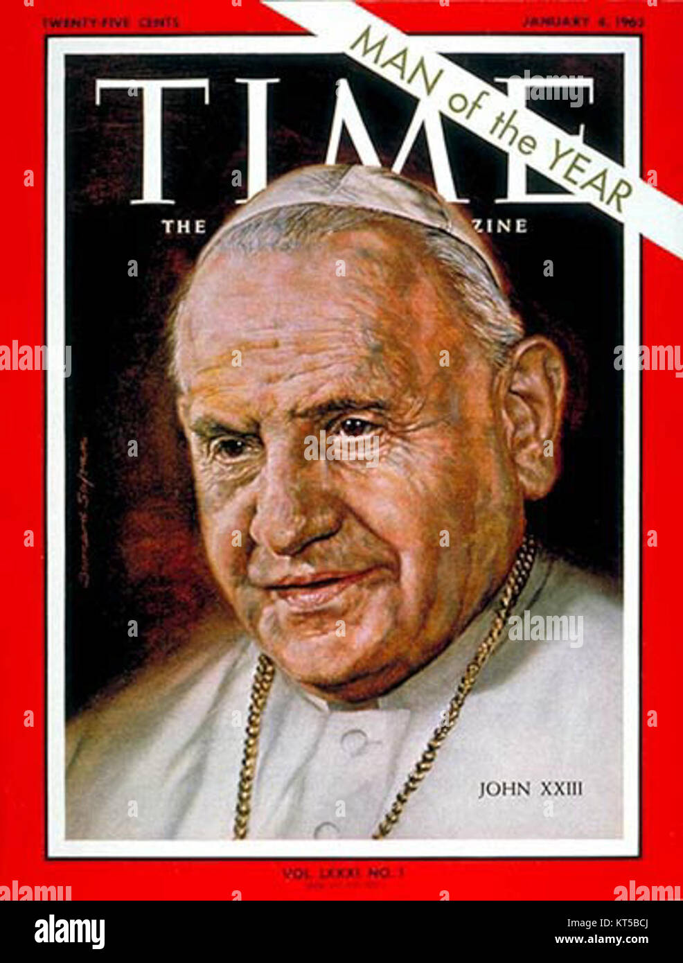 Papa Giovanni XXIII apparve sulla copertina di Time Magazine il 4 gennaio 1963, durante il suo papato. L'immagine riflette il suo ruolo e l'impatto sulla Chiesa cattolica e sugli eventi mondiali. Foto Stock