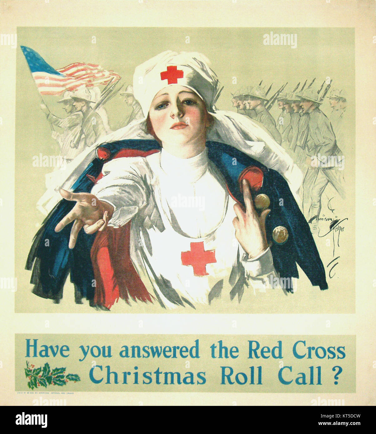 Il poster della Croce Rossa di Harrison Fisher del 1917 è un'immagine iconica della prima guerra mondiale, che simboleggia il sostegno alla Croce Rossa e lo sforzo bellico. Foto Stock