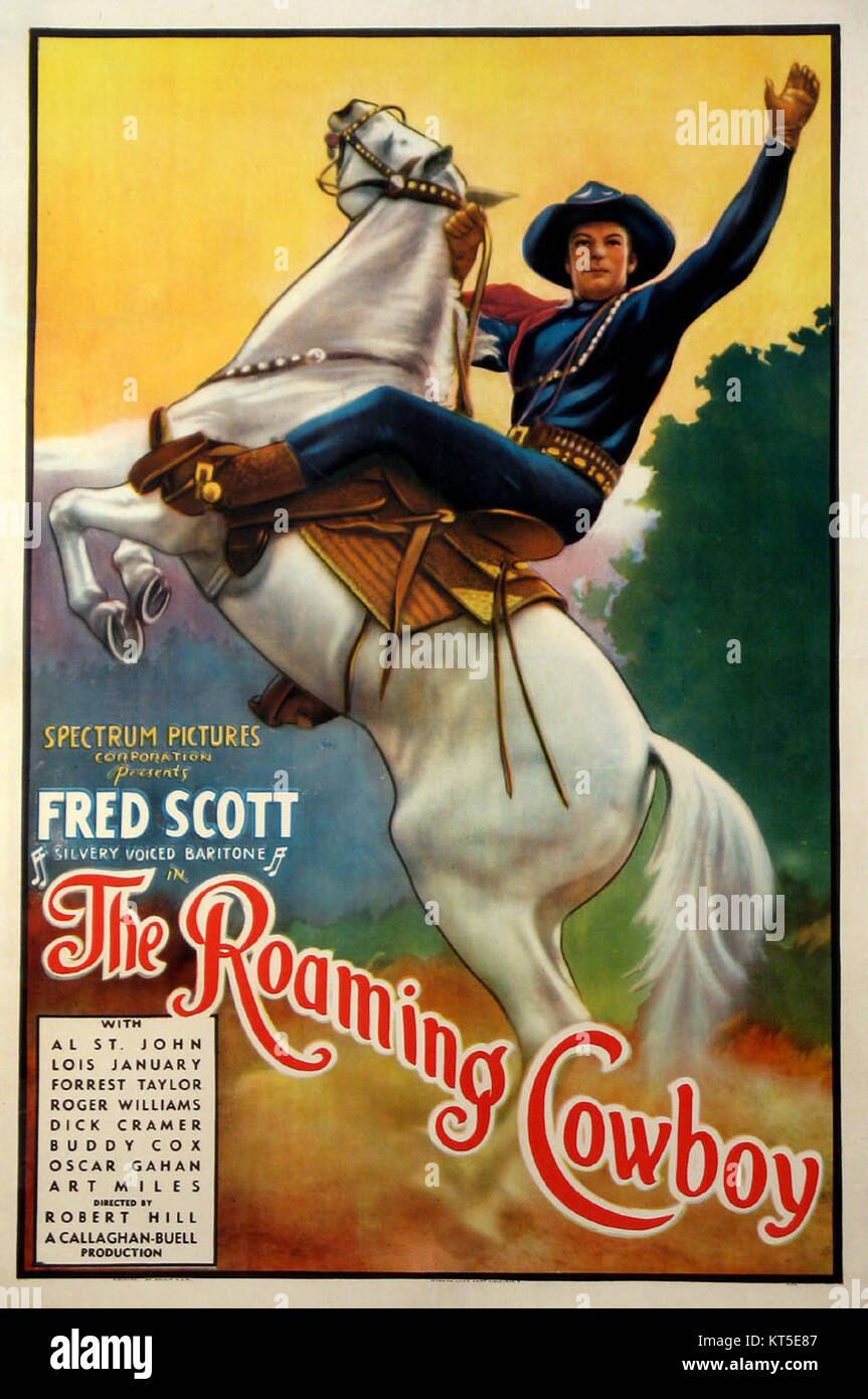 Questo poster vintage mostra un cowboy vagante, probabilmente proveniente da un film WESTERN o da un evento promozionale. Il poster raffigura lo spirito avventuroso del West americano durante l'epoca. Foto Stock