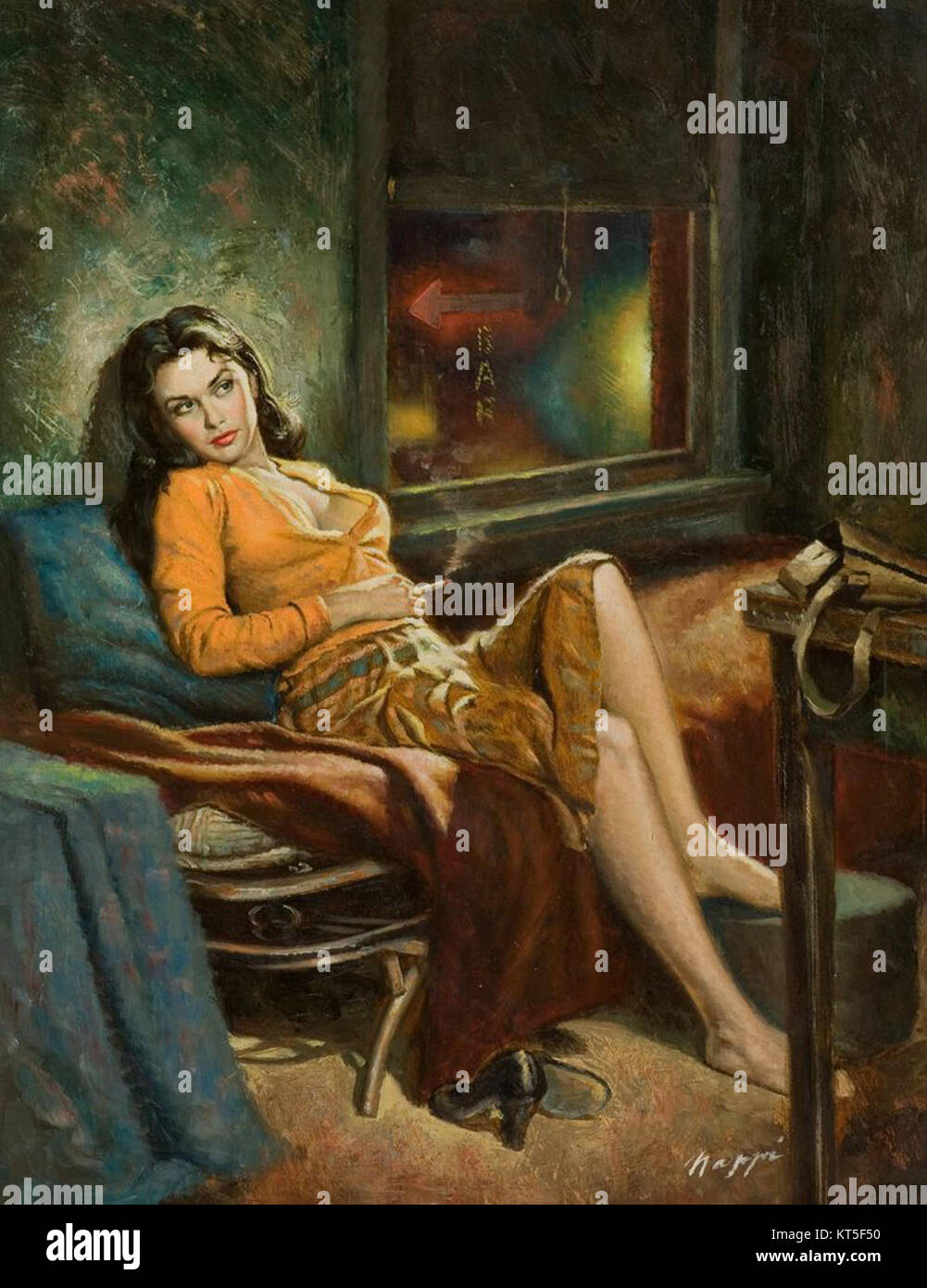 L'illustrazione di Rudy Nappi del 1956, "The Reefer Girl", è un'opera d'arte vintage nota per il suo design sorprendente e la rappresentazione della cultura americana durante la metà del XX secolo. L'illustrazione riflette lo stile e i temi dell'epoca. Foto Stock