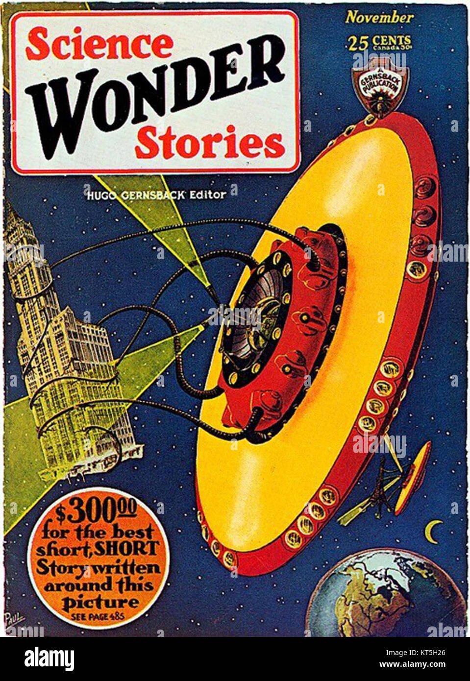 Questo numero del 1929 di *Science Wonder Stories* presenta una storia su un disco volante, che riflette il fascino degli UFO e della fantascienza all'inizio del XX secolo. La rivista faceva parte dell'ascesa della narrativa speculativa durante questo periodo. Foto Stock