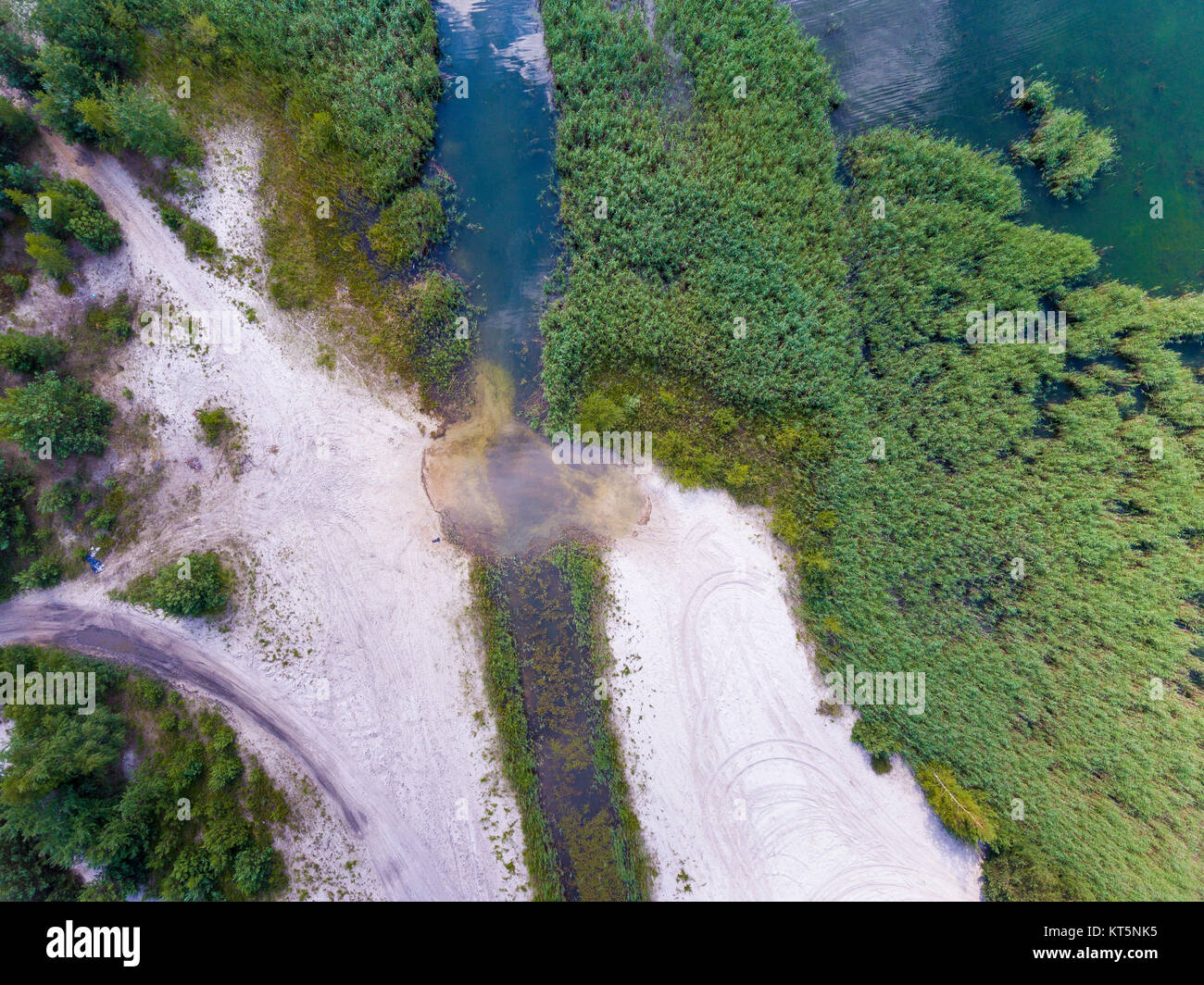 In estate il lago e il verde della foresta, in Polonia paesaggio. Vista da sopra. Foto Stock