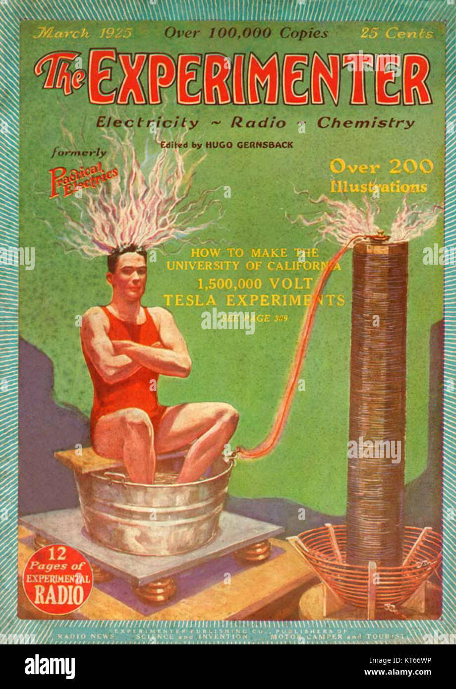 La copertina del marzo 1925 della rivista *The Experimenter* presenta la bobina Oudin, un dispositivo scientifico utilizzato in esperimenti elettrici ad alta frequenza. Foto Stock