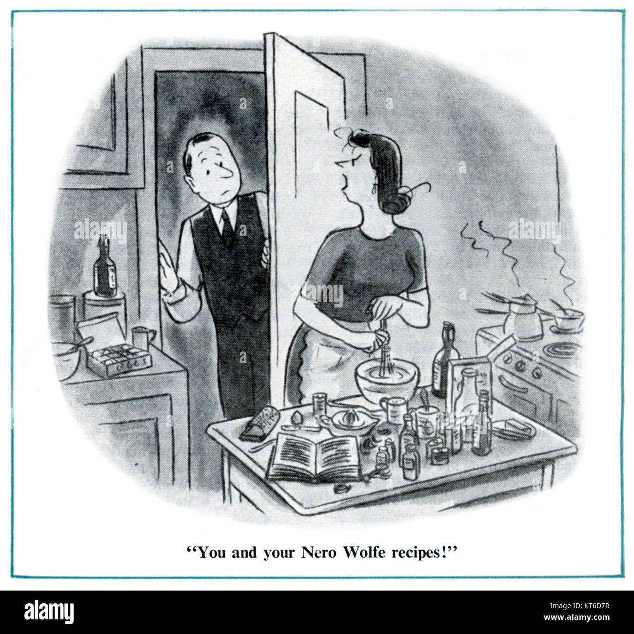 Questo cartone animato intitolato "Wolfe-Recipes" fornisce una rivisitazione divertente delle ricette, forse parodiando temi culinari o personaggi famosi legati al cibo. L'opera è stata progettata in uno stile giocoso e satirico. Foto Stock