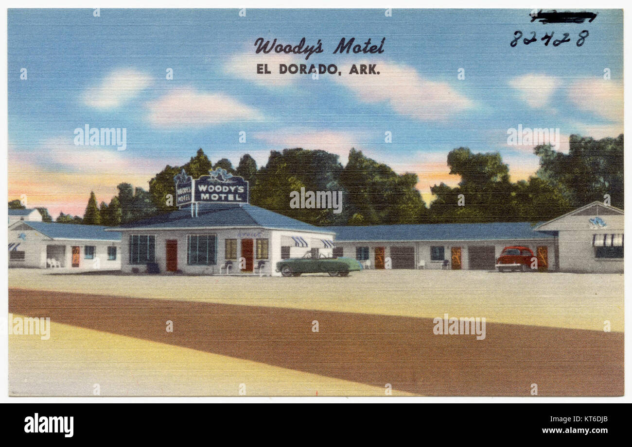 Il Woody's Motel di El Dorado, Arkansas, è una struttura alberghiera nota per la sua posizione comoda lungo le autostrade degli Stati Uniti. Il motel offre sistemazioni economiche per i viaggiatori che attraversano la zona. Foto Stock