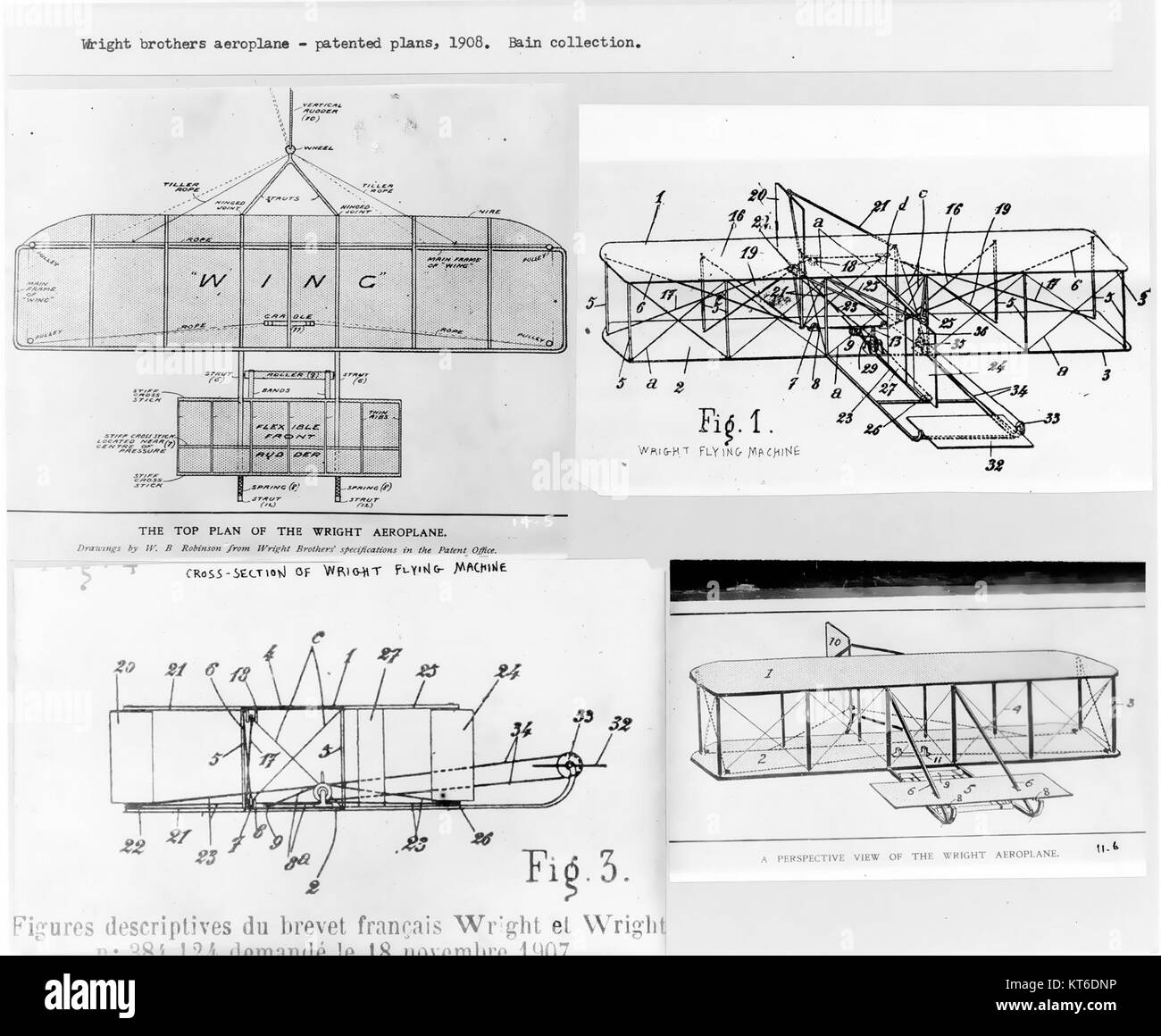 I piani di brevetto dei fratelli Wright del 1908 erano una parte essenziale dello sviluppo iniziale del volo a motore. Questi piani dettagliavano i loro progetti innovativi per il primo aereo di successo, che gettò le basi per la moderna tecnologia dell'aviazione e la meccanica di volo. Foto Stock
