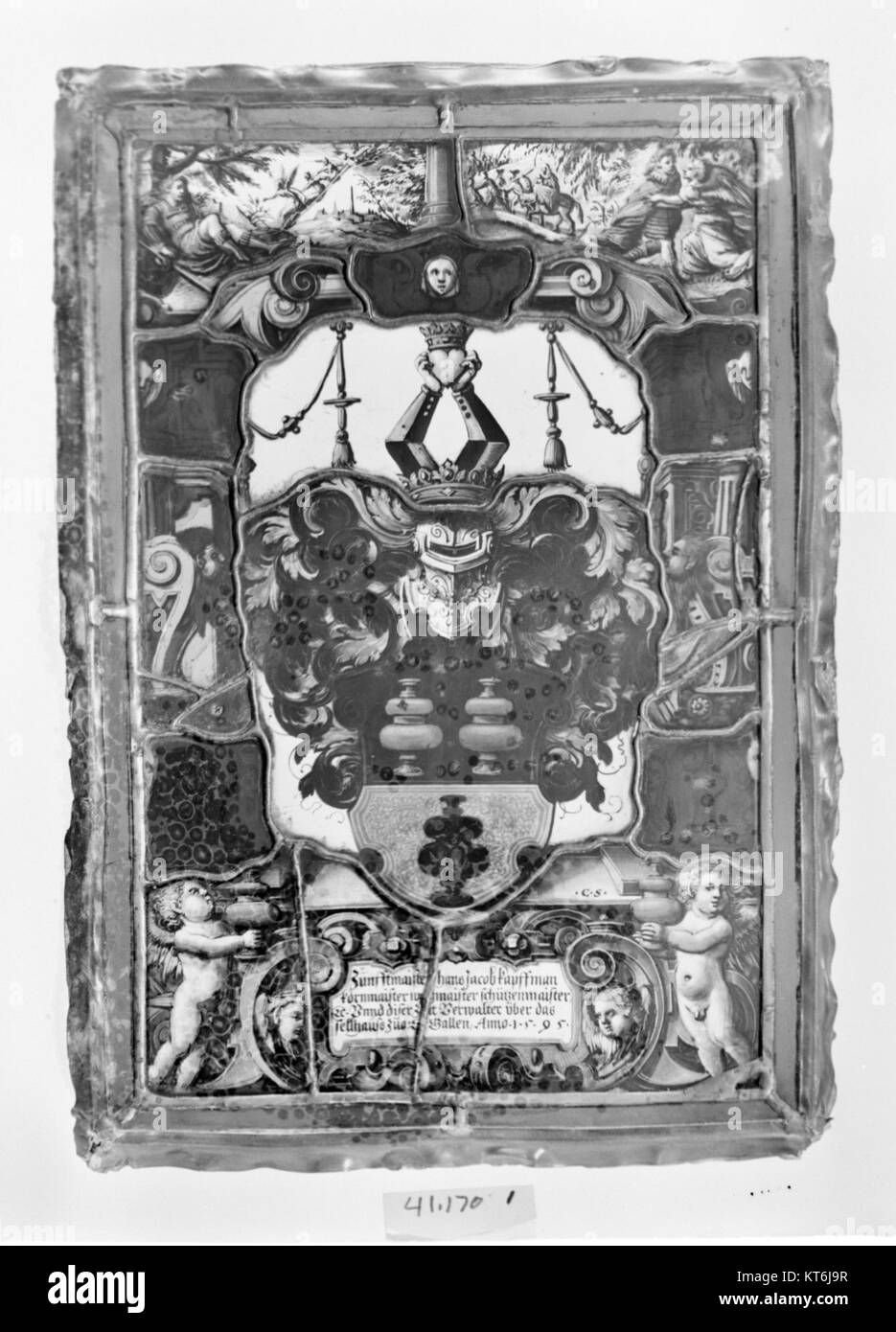 The Arms of Hans Jacob Kappfman è uno scudo araldico esposto al Metropolitan Museum of Art È un esempio significativo di araldica storica europea, che rappresenta la stirpe e l'identità di Hans Jacob Kappfman. Lo stemma presenta elementi araldici tradizionali, tra cui colori, simboli e motivi che indicano il nobile patrimonio della famiglia. Foto Stock