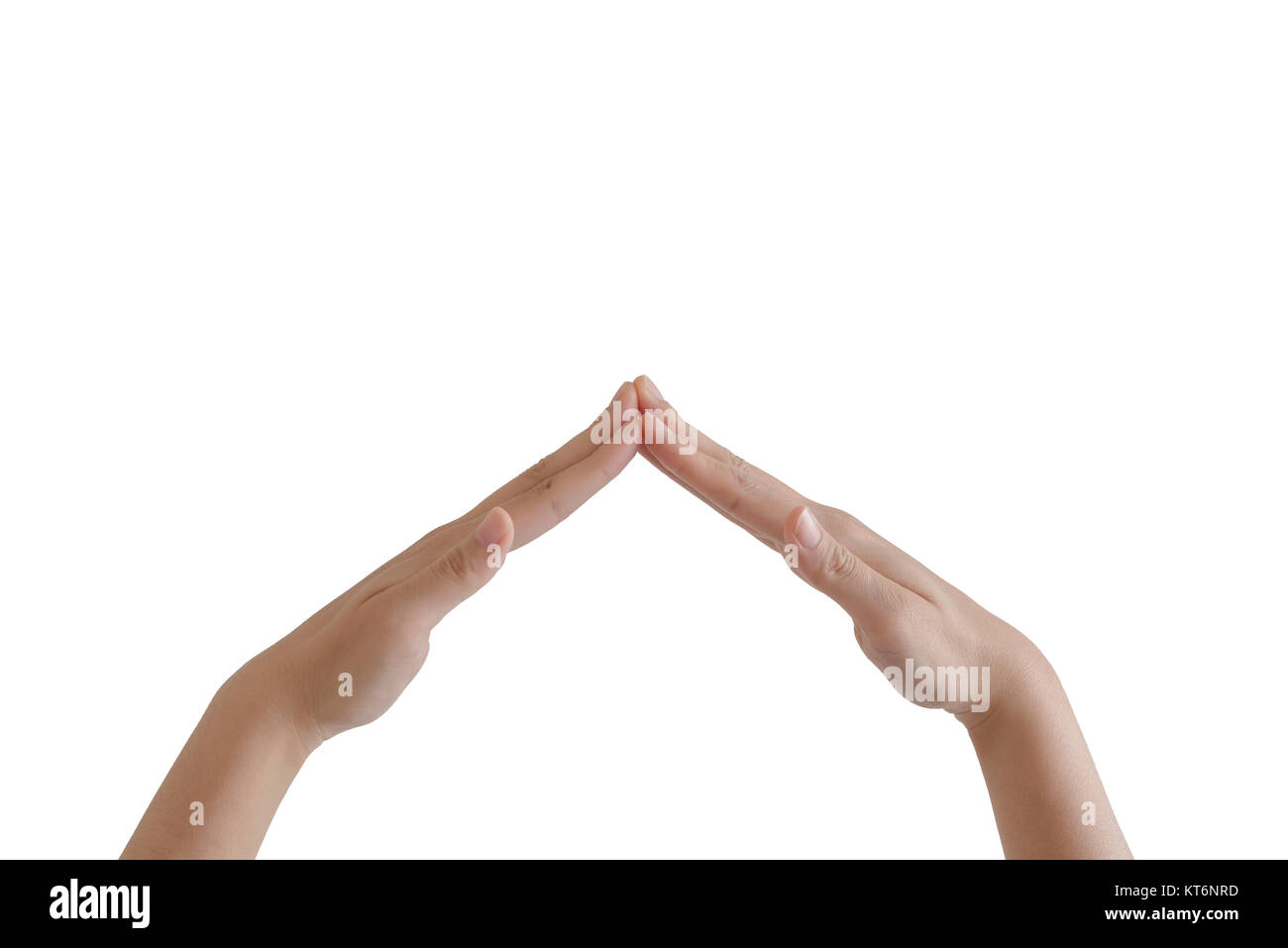 Entrambe le mani si toccano alle punte delle dita formando un gesto a campanile Foto Stock