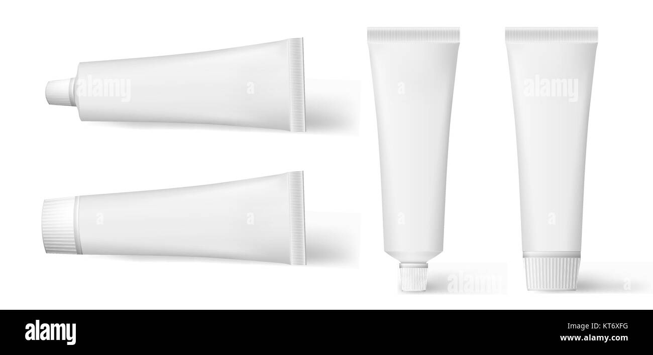 Set di realistico cosmetici crema bianca tubo. Set di tubo di dentifricio prodotti isolati. Confezione per cosmetici raccolta per la crema, zuppe, schiume, shampoo, colla, dentifricio. Illustrazione Vettoriale