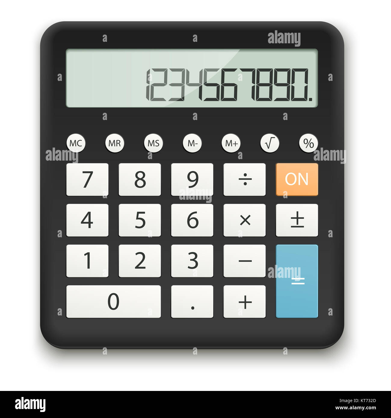 Calcolatrice nera con calcoli standard su sfondo bianco Foto Stock