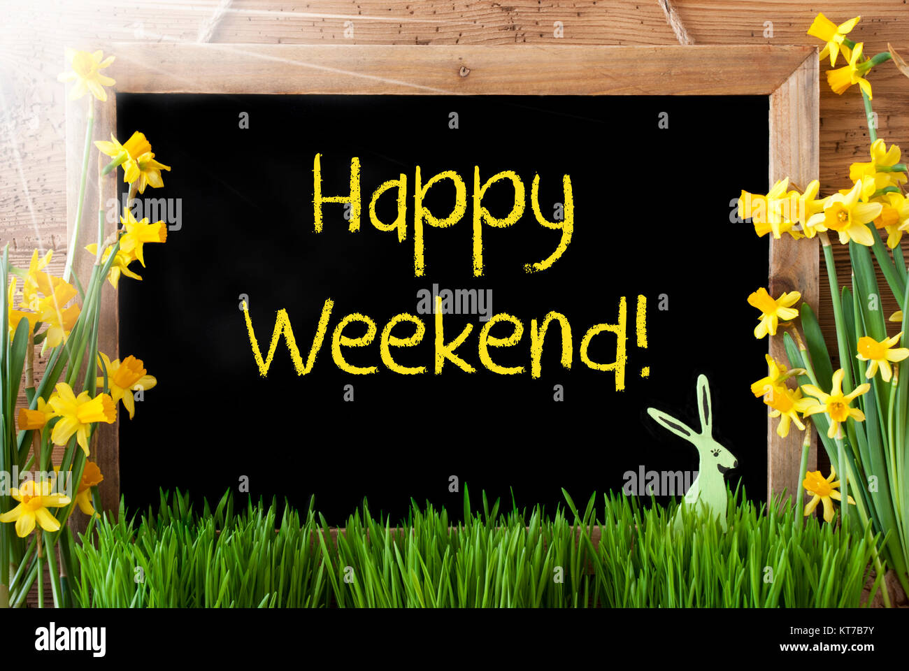 Lavagna con testo in inglese Happy Weekend. Sunny fiori di primavera Nacissus o Daffodil con erba e il coniglietto di Pasqua. Rustico in legno invecchiato sfondo. Foto Stock