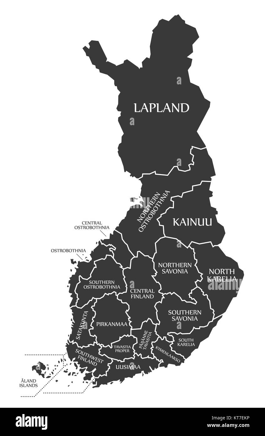 Finlandia Mappa nero marcato illustrazione in lingua inglese Foto Stock