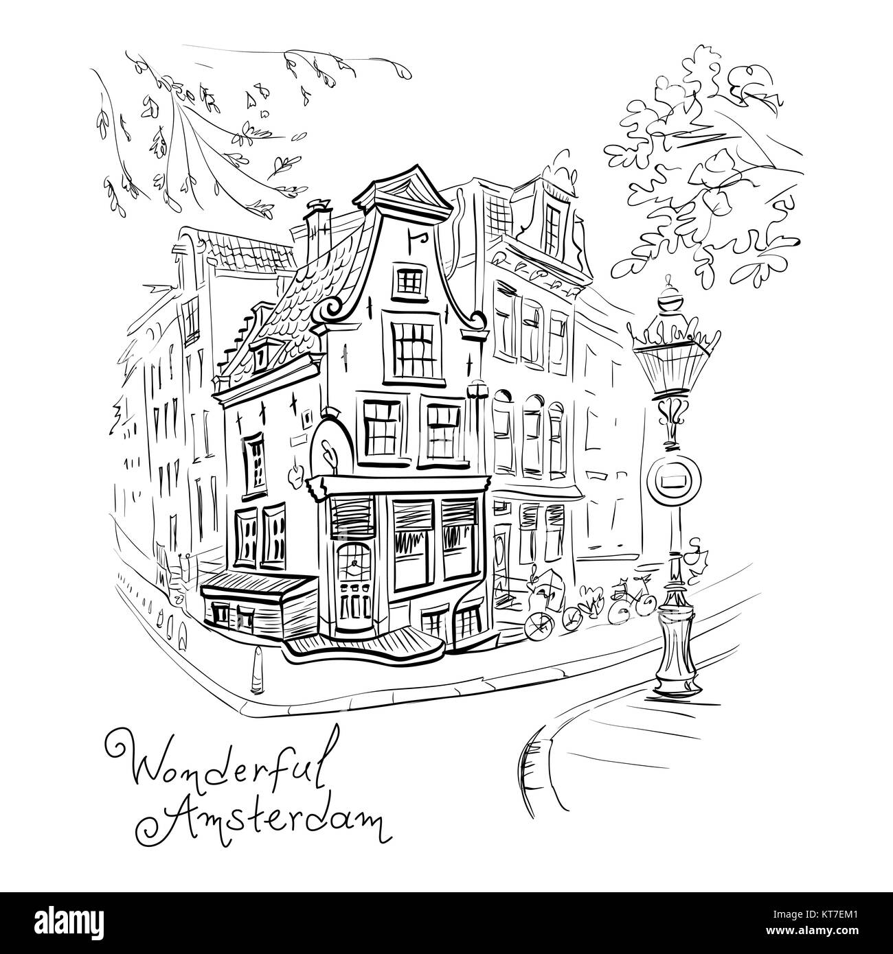 Vettore vista città di Amsterdam House e lanterna Foto Stock