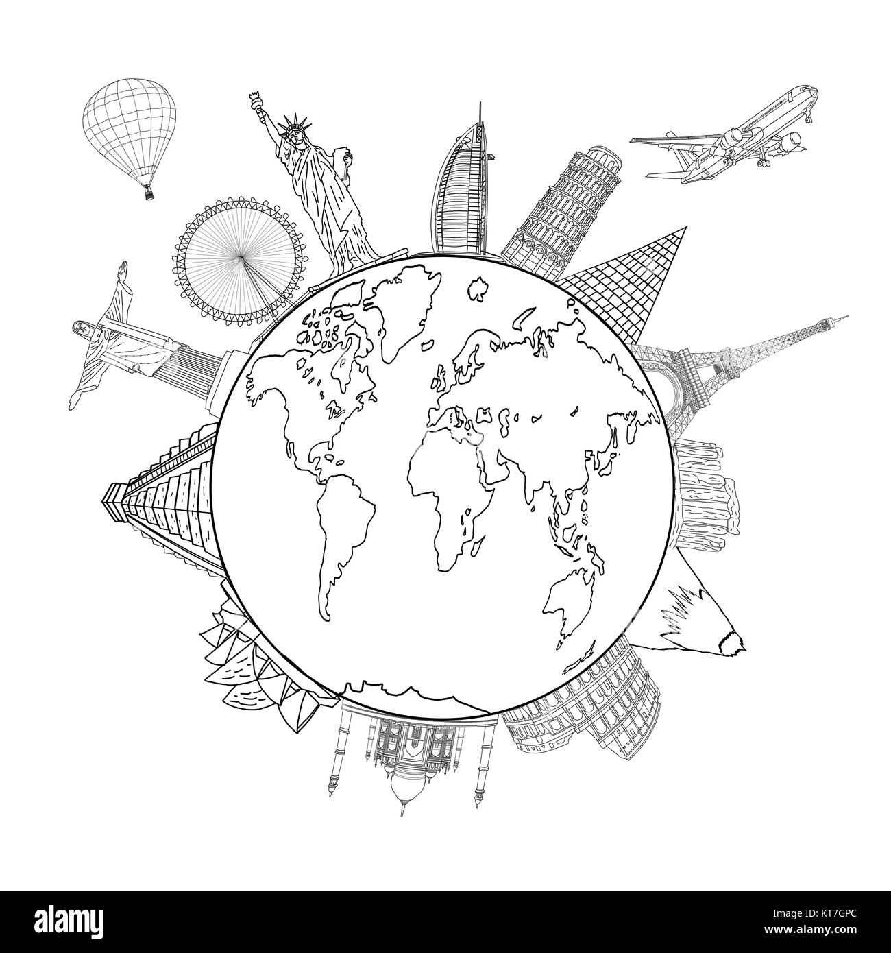 Delineando la terra e mappa globale con i punti di riferimento Foto Stock