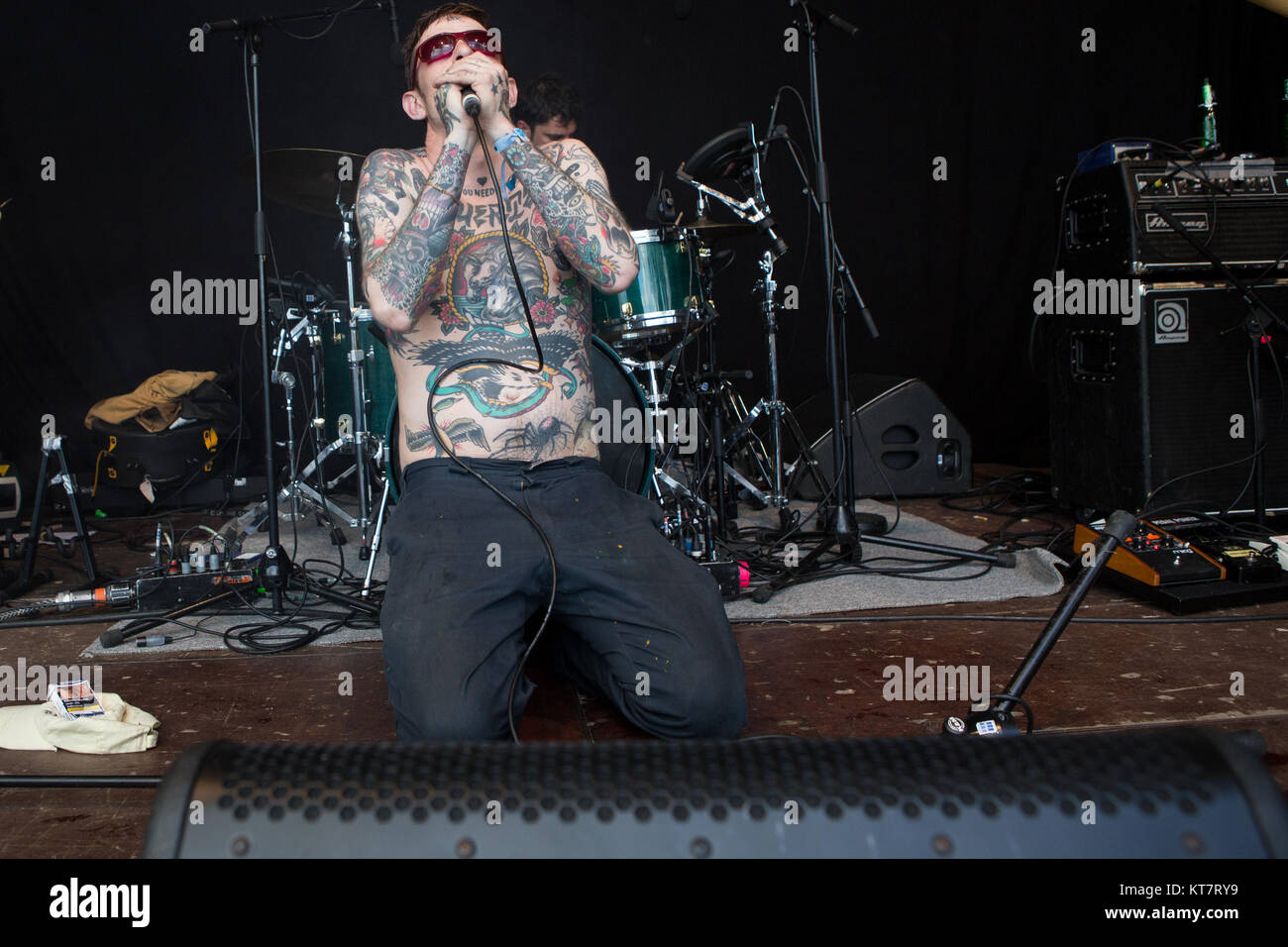 Norvegia, Tonsberg - Luglio 12, 2017. La svedese band punk Viagra ragazzi esegue un concerto dal vivo durante il norvegese music festival Slottsfjell Festival 2017. Qui la cantante Sebastian Murphy è visto dal vivo sul palco. Foto Stock