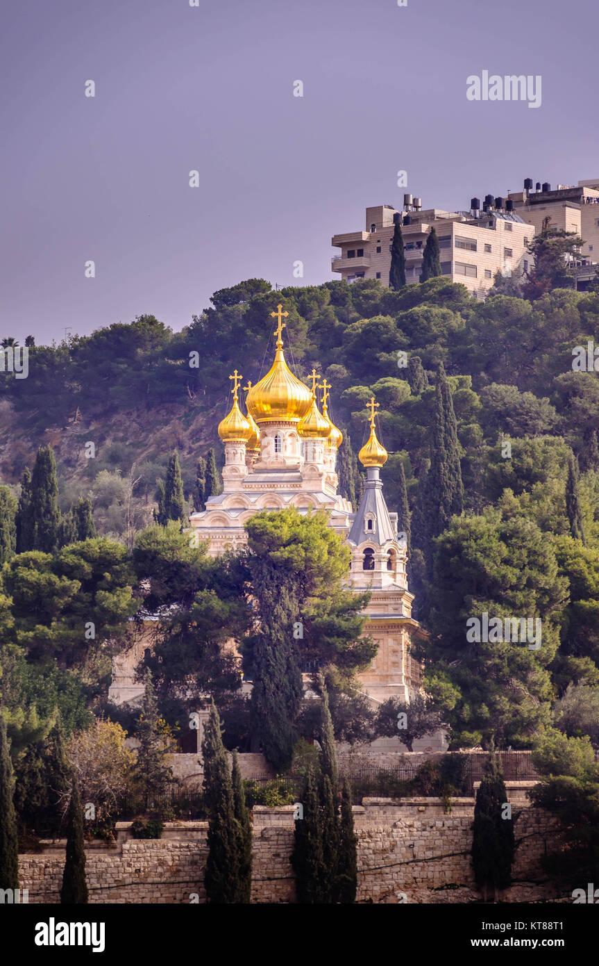 Vista su Maria Maddalena s cattedrale della chiesa russo-ortodossa Getsemani convento tra alberi sul Monte degli Ulivi di pendenza. Foto Stock