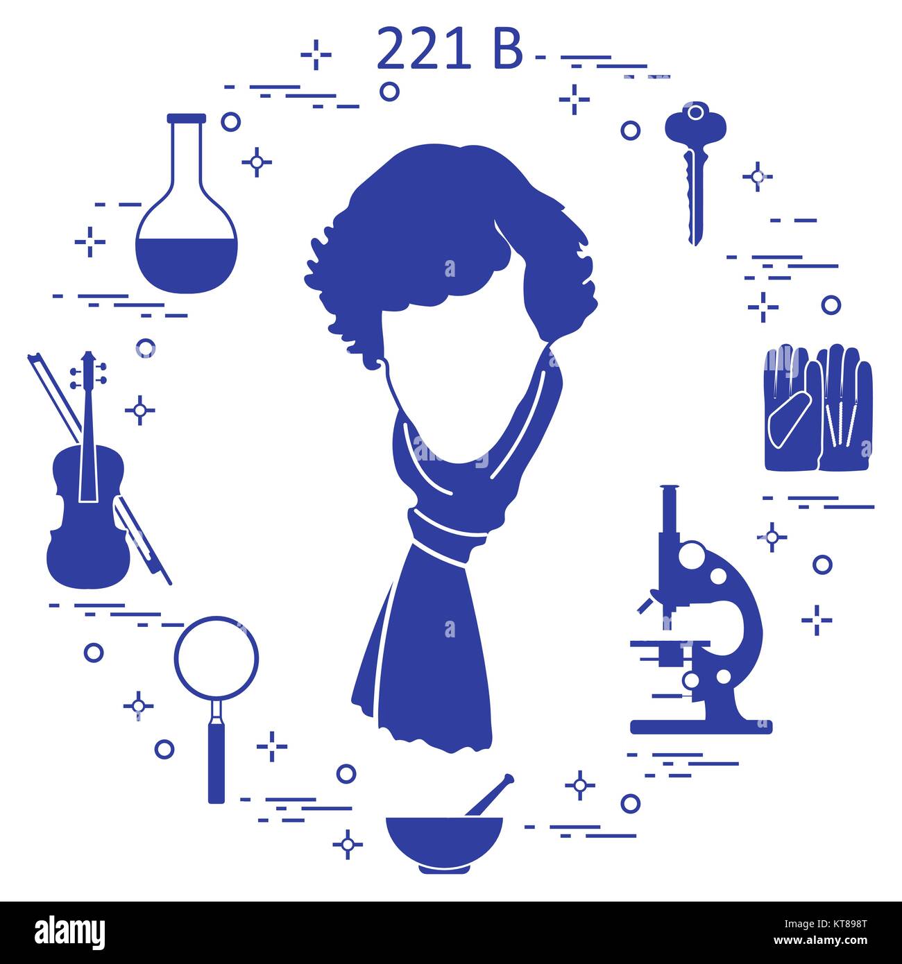 Detective privato Sherlock Holmes con una varietà di strumenti e apparecchiature. L'eroe della popolare serie TV. Design per un annuncio stampa. Illustrazione Vettoriale