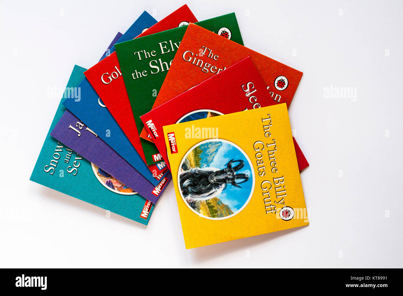 Selezione di Coccinella per bambini con dvd i tre Billy capre burbero disco sulla parte superiore isolata su sfondo bianco Foto Stock