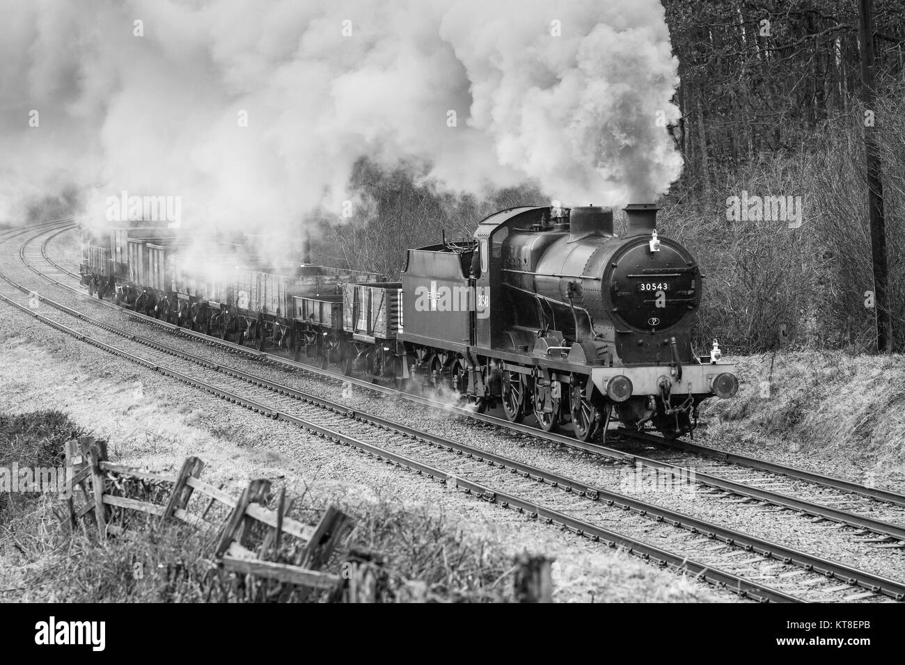 Ex Ferrovia Meridionale 0-6-0 locomotiva a vapore 30543 cale un rastrello assortiti di carri merci e le protezioni van sulla grande stazione ferroviaria centrale Foto Stock