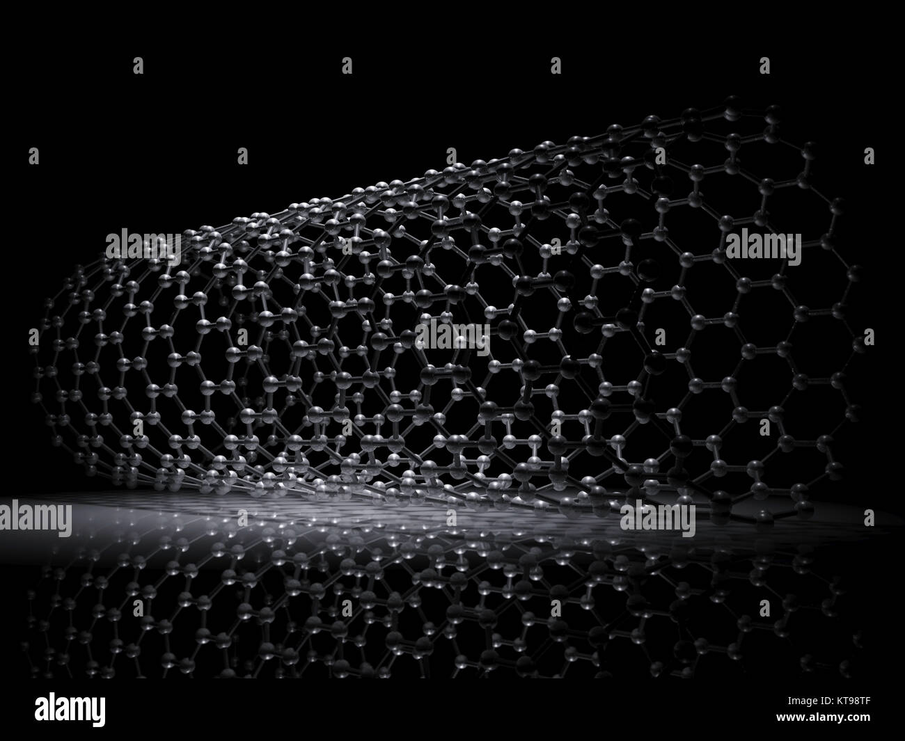 A singola parete a zig zag di nanotubi di carbonio della struttura molecolare dello schema, atomi di carbonio avvolto nel reticolo esagonale su sfondo nero, 3d illustrazione Foto Stock