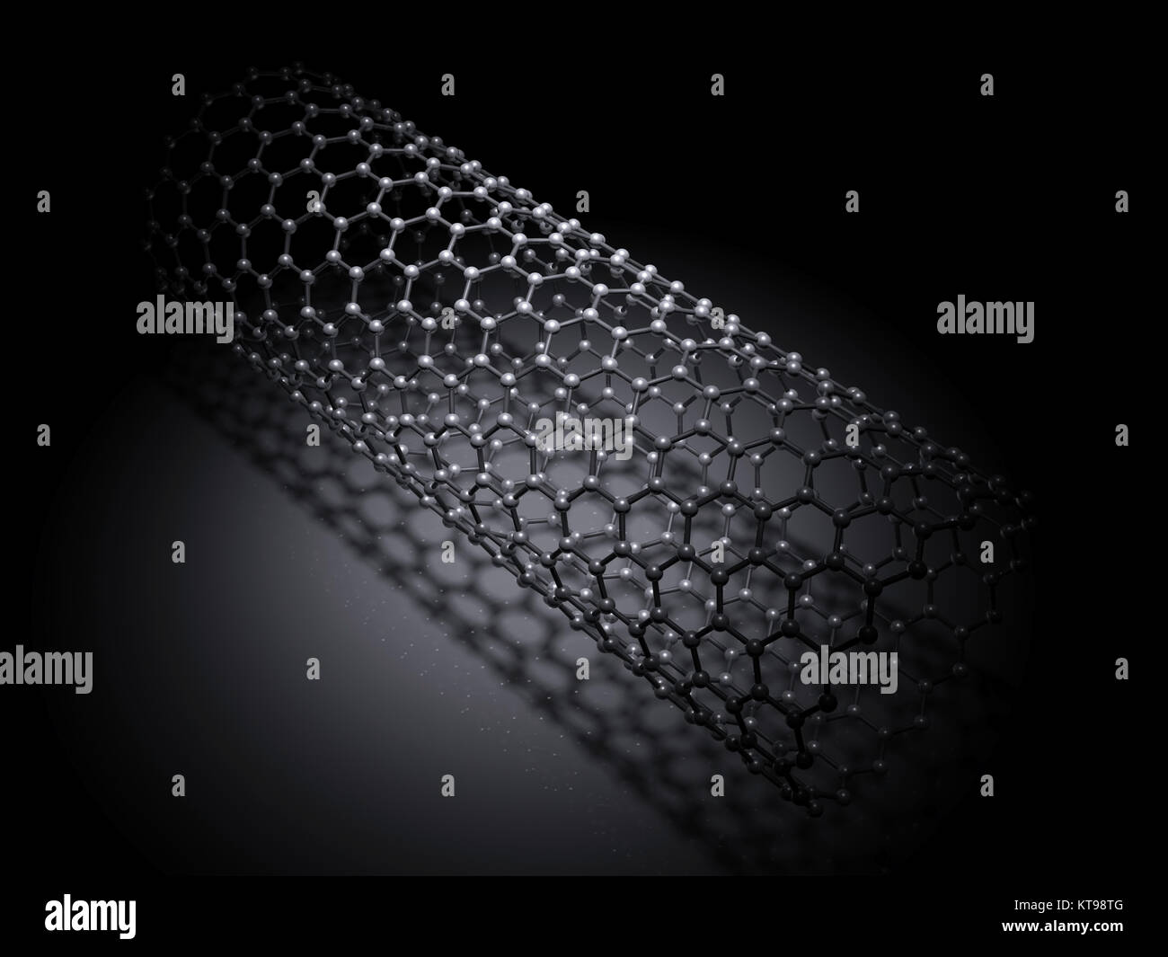 I nanotubi di carbonio della struttura molecolare, atomi di carbonio avvolto nel reticolo esagonale su sfondo nero, 3d illustrazione Foto Stock