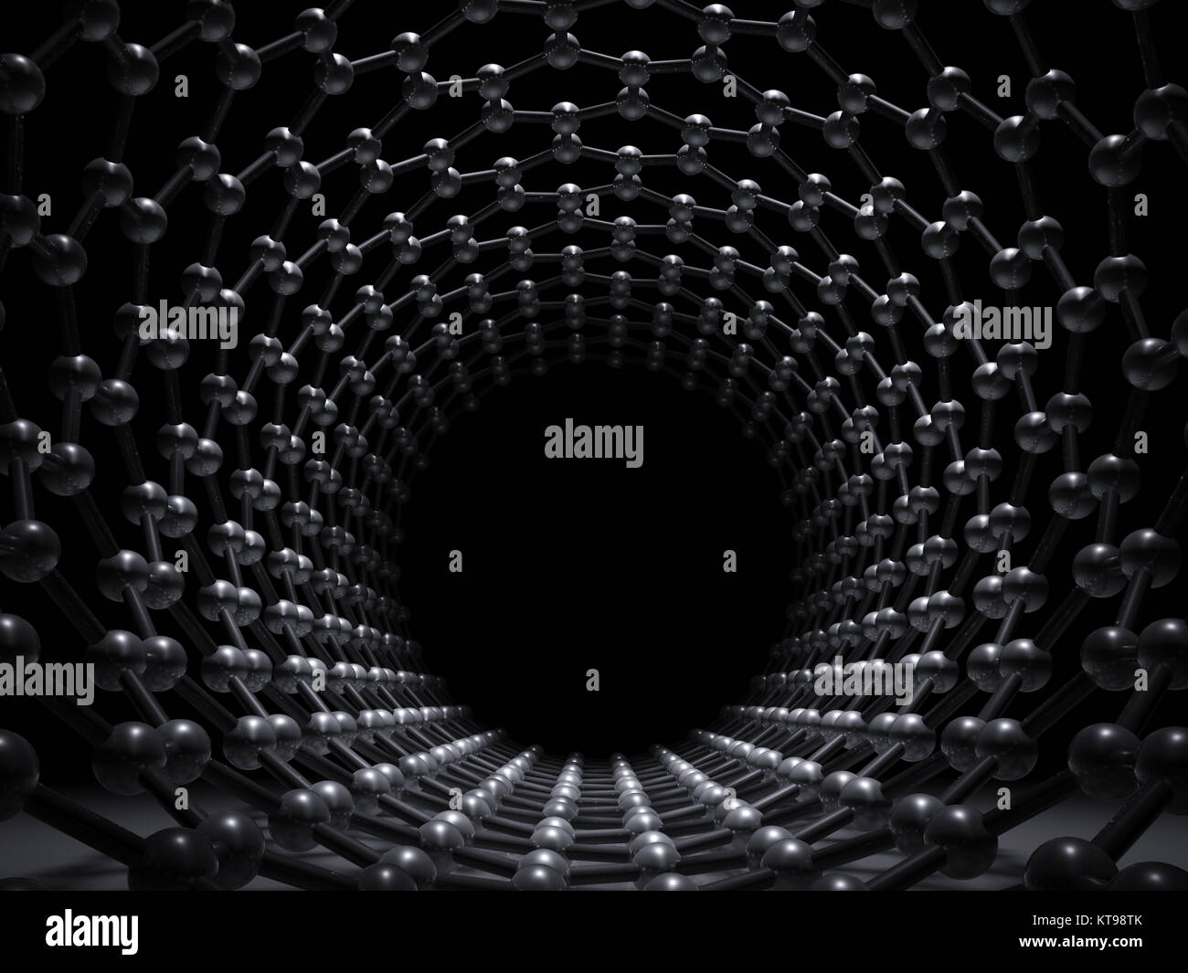 A singola parete a zig zag di nanotubi di carbonio della struttura molecolare, interno in vista prospettica su sfondo nero, 3d illustrazione Foto Stock
