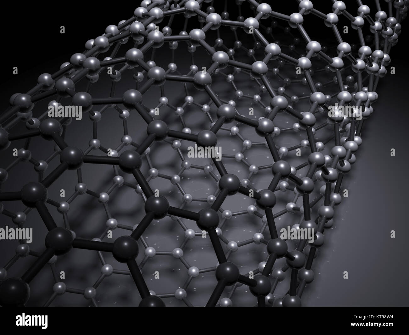 A singola parete a zig zag di nanotubi di carbonio della struttura molecolare, atomi di carbonio avvolto nel reticolo esagonale su sfondo nero, 3d illustrazione Foto Stock