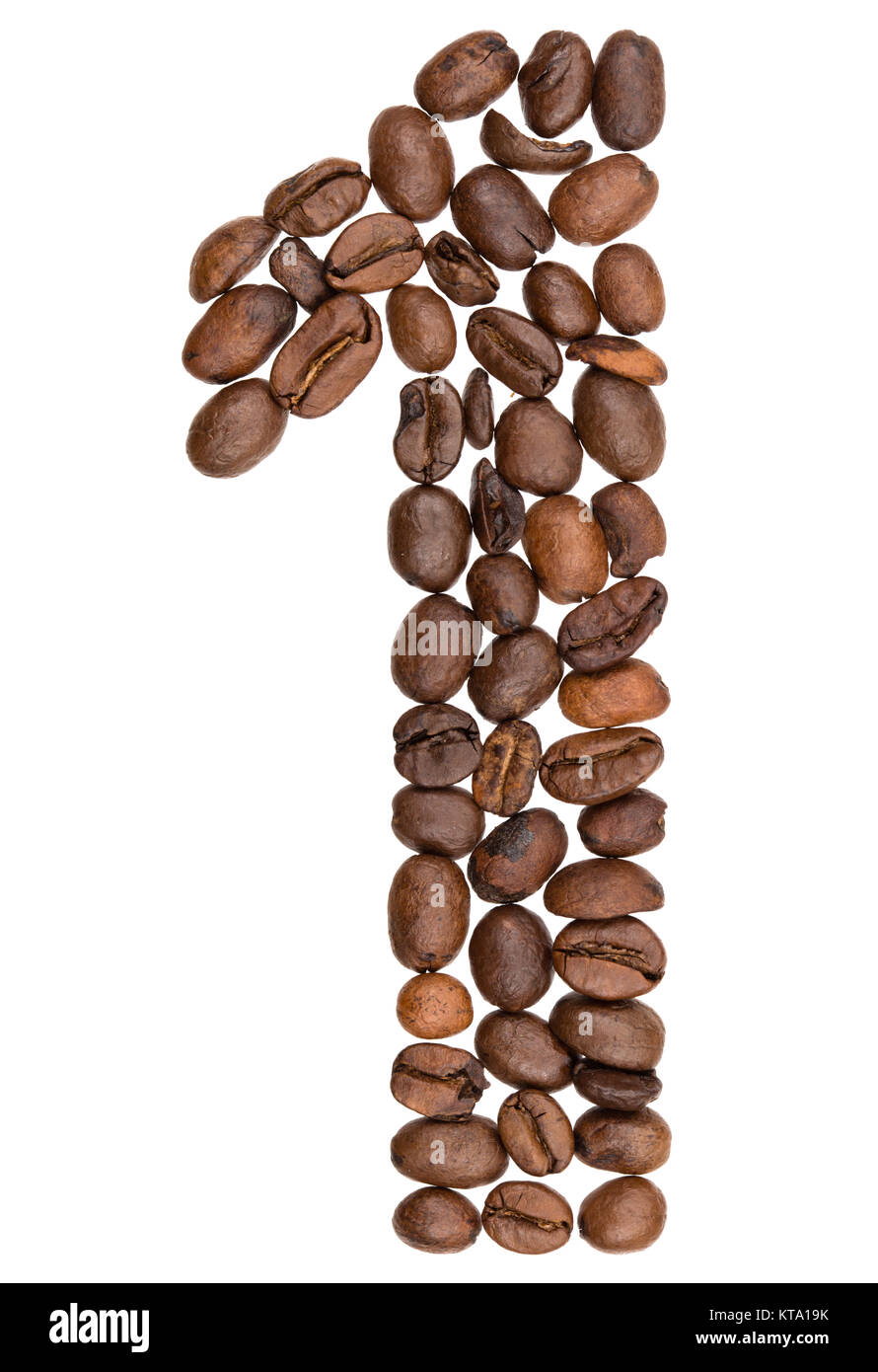 Numero arabo 1, uno da chicchi di caffè, isolati su sfondo bianco Foto Stock