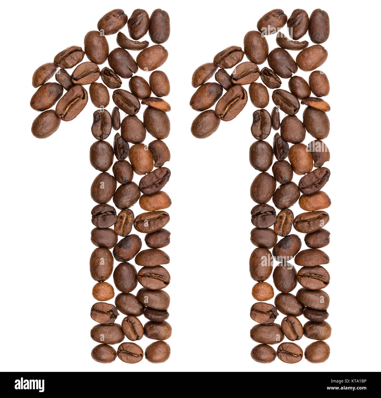 Numero arabo 11, undici, dal caffè in grani, isolato su sfondo bianco Foto Stock
