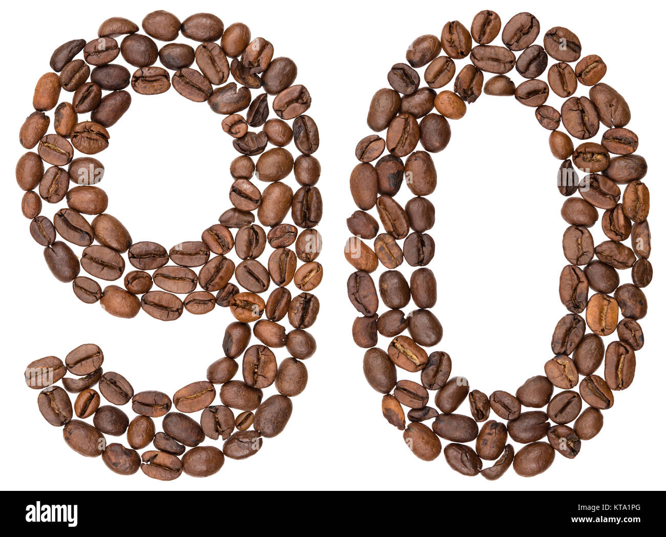 Numero arabo 90, novanta, dal caffè in grani, isolato su sfondo bianco Foto Stock