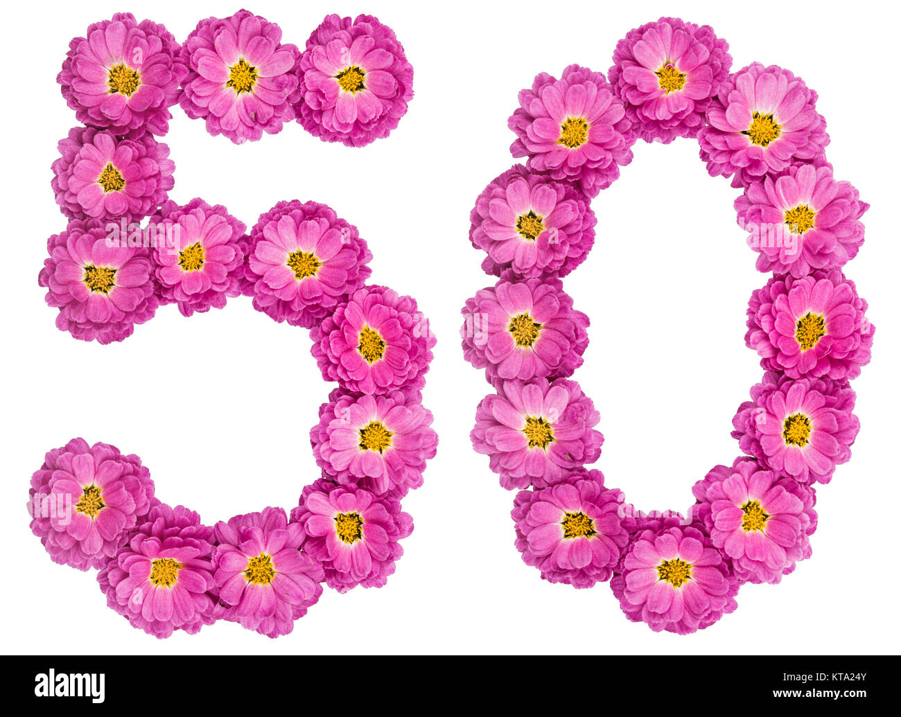 Numero arabo 50, cinquanta, dai fiori di crisantemo, isolato su sfondo bianco Foto Stock