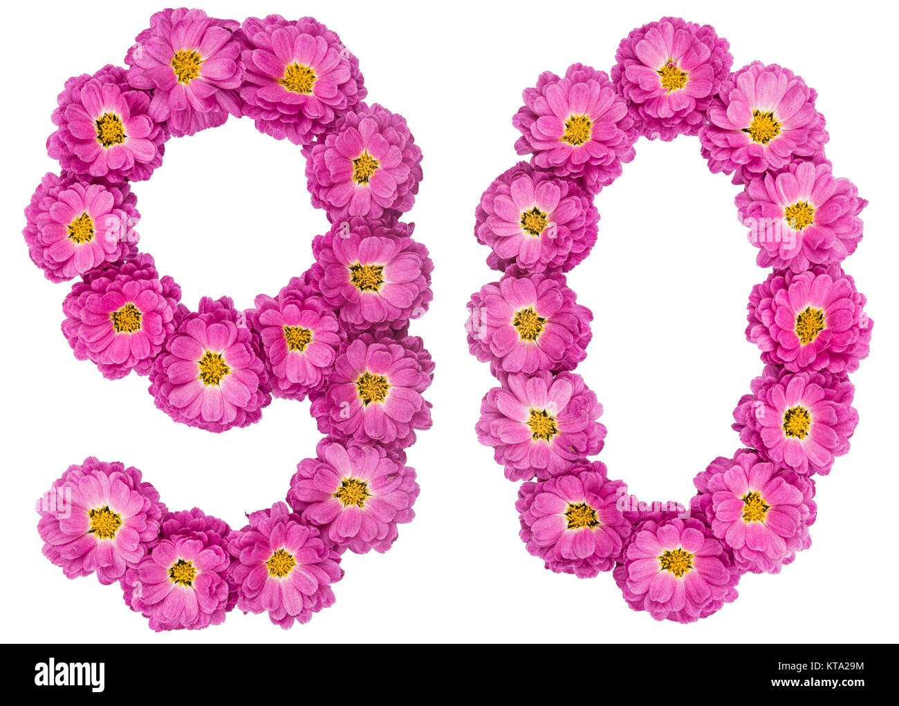 Numero arabo 90, novanta, dai fiori di crisantemo, isolato su sfondo bianco Foto Stock