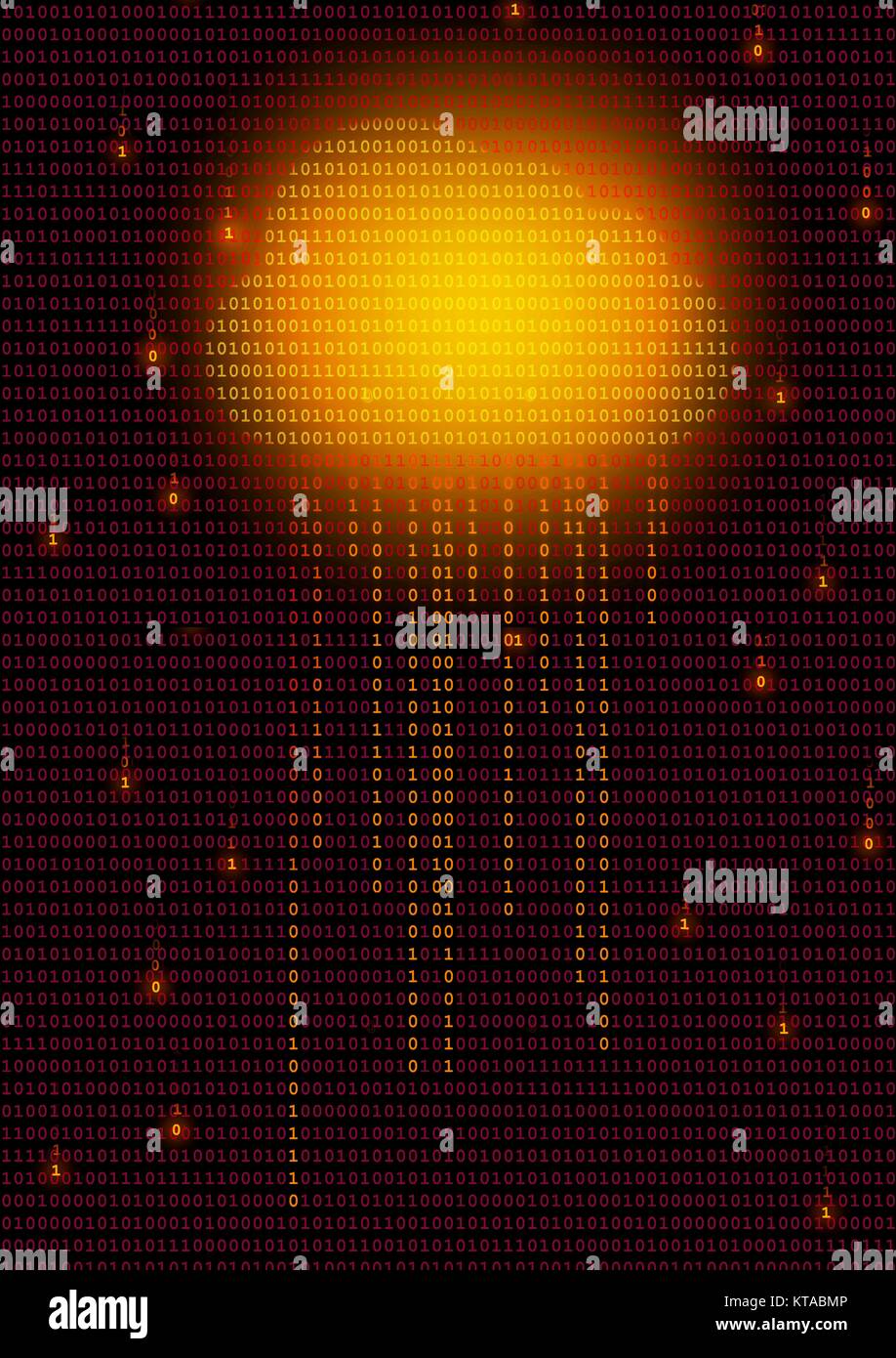 Il cloud computing, illustrazione concettuale. Una immagine di una nuvola su sfondo di uni e di zeri (i numeri binari) in rappresentanza di cloud computing. Il cloud computing è 'la pioggia di bit che indica un flusso di dati. Foto Stock