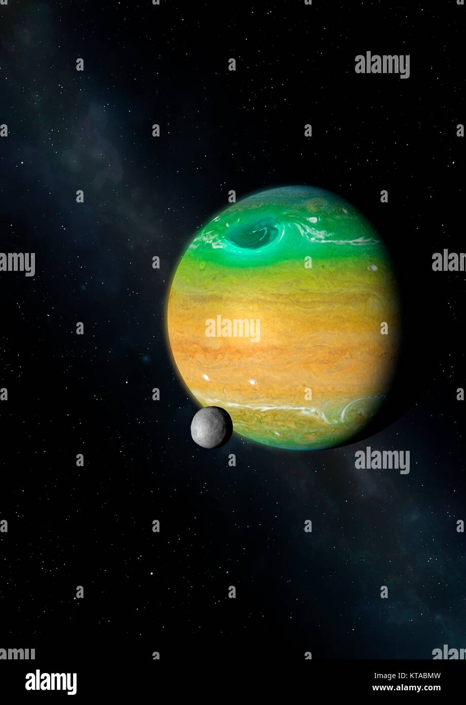 Gli astronomi hanno scoperto un molto distanti ice-pianeta gigante (un po' come Urano o Nettuno) circa 25 miliardi di anni luce dal sistema solare nella costellazione del Sagittario. Il pianeta si chiama OGLE-2008-BLG-092LAb o 092LAb per brevi. Il pianeta orbita intorno alla sua stella (uno di un sistema binario), a una distanza di 19 Unità Astronomiche â€" molto vicino a Uranusâ€™ distanza dal Sole. Tuttavia, 092LAb è molto più massiccia rispetto a Urano, di circa un fattore di quattro. Questa immagine immagina una vista del pianeta con un ipotetico luna di presenze. Foto Stock