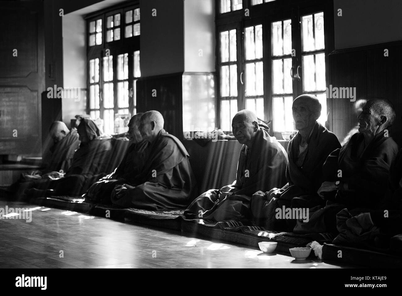 I monaci buddisti seduto alla finestra e pregando sul giorno del festival, Diskit Monastero, Valle di Nubra, Ladakh, Jammu e Kashmir in India. In bianco e nero Foto Stock