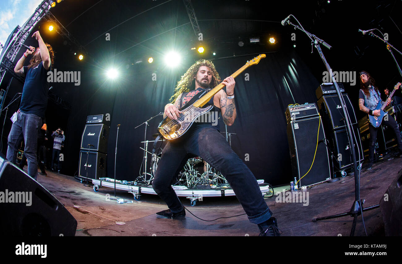 La American Crossover thrash band ferro Reagan esegue un concerto dal vivo presso il Danish heavy metal festival Copenhell 2015 a Copenaghen. Qui il bassista Rob Skotis visto dal vivo sul palco. Danimarca, 18/06 2015. Foto Stock