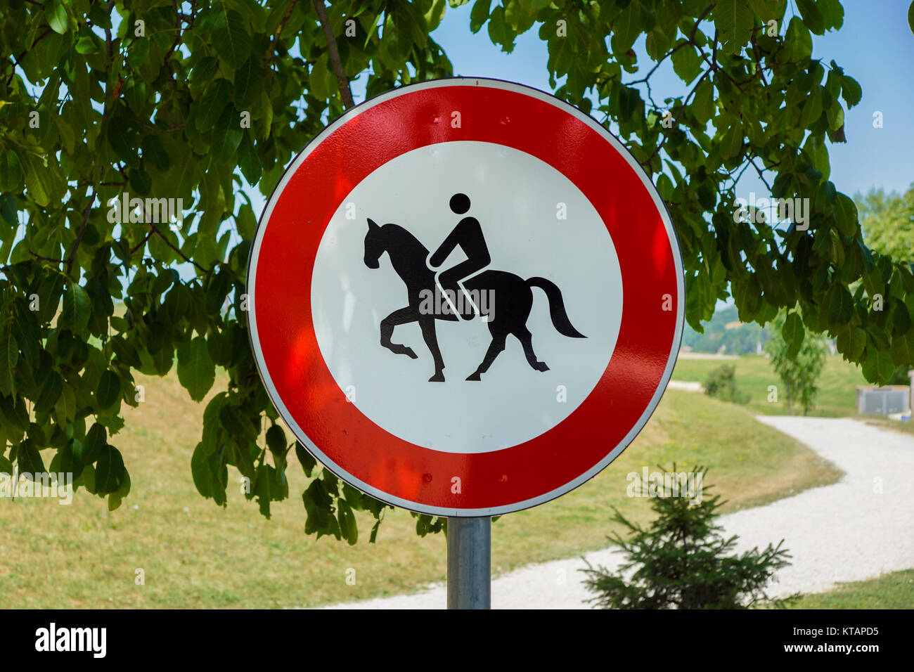 Un segnale di avvertimento che comunica che a cavallo è vietato al di là di questo punto. Foto Stock