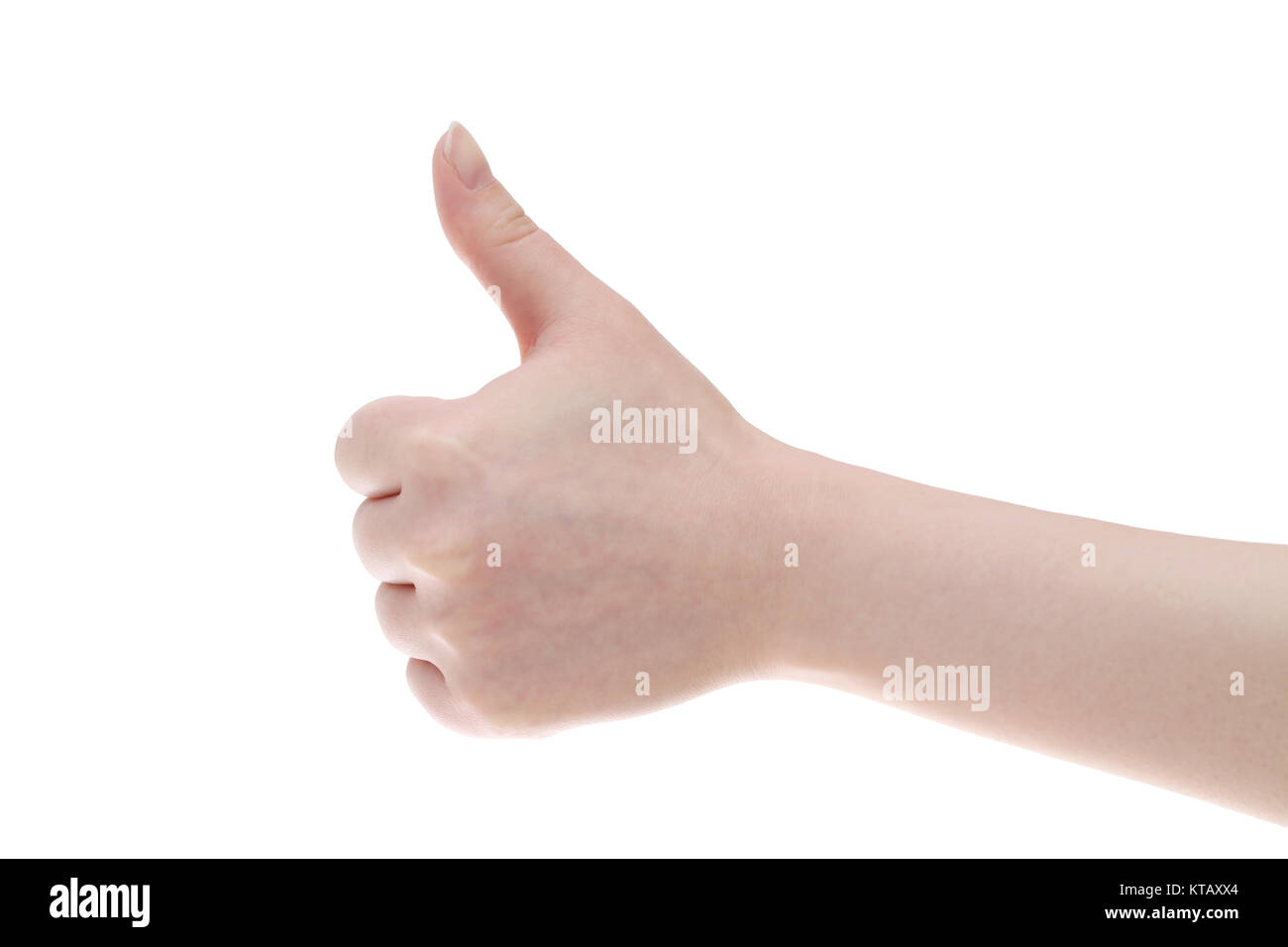 Donna mano con pollice in alto isolato su bianco backgroundã€€ Foto Stock