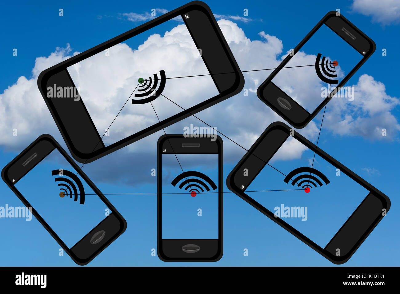 Kollektion diverser smartphone. Konzept Vernetzung und Kommunikation von verschiedenen Medien. Foto Stock