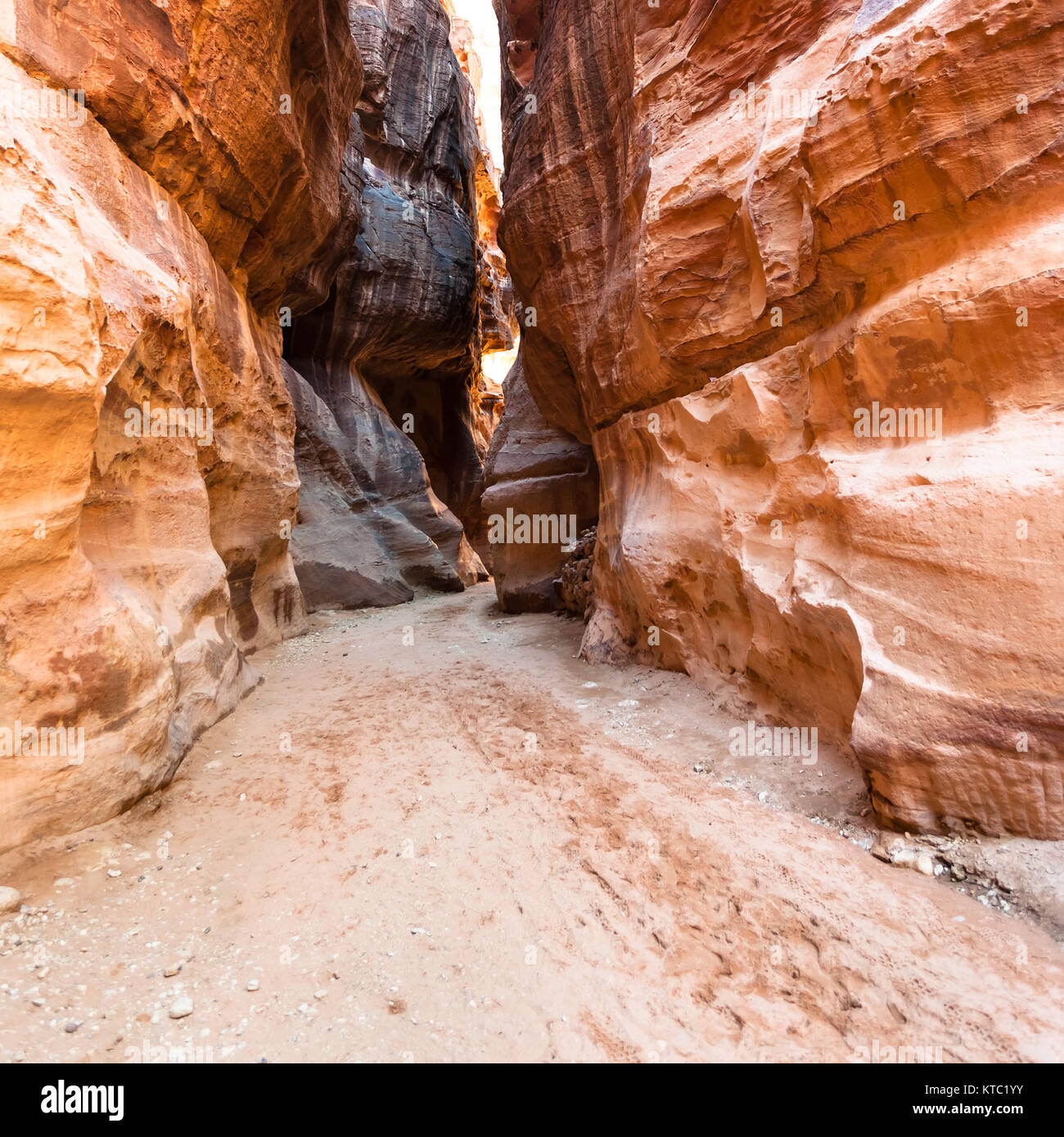 Pareti di pietra arenaria di Al gola di Siq di Petra città Foto Stock